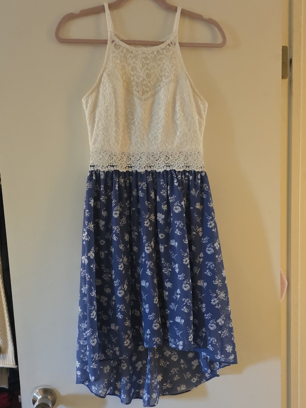 White Lace Bodice with Blue Floral High-Low Dress
